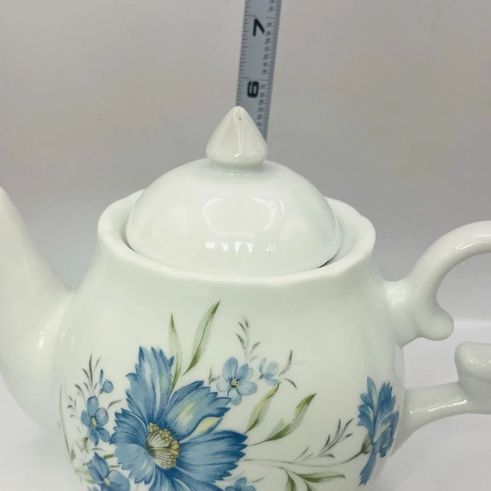 Vintage White Ceramic Teapot Blue Floral Cornflower Design Scalloped Rim